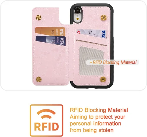 Vista 3 de UEEBAI Funda tipo cartera para iPhone 13 con tarjeteros, piel sintética, diseño floral, función atril, bloqueo RFID, doble cierre magnético, funda