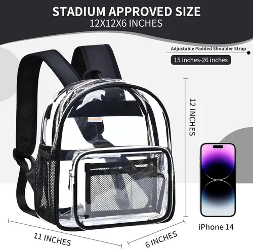 Vista 3 de BYXEPA Mini mochila transparente aprobada para estadios, resistente de 12 x 12 x 6 pulgadas, Negro -, Mochilas Daypack