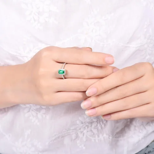 Vista 5 de Lanmi Anillo solitario de compromiso de oro blanco de 14 quilates, con esmeralda verde natural, diamantes para mujer, promoción, Oro blanco de 14