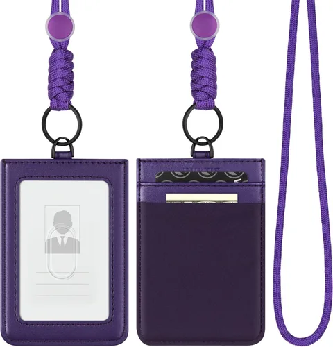 Vista 9 de VULKIT Soporte para tarjetas de identificación con cordón para mujeres y hombres, soporte vertical de cuero con ranura transparente para tarjetas