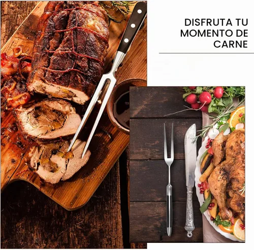 Vista 4 de CHENGU 2 tenedores para tallar carne de 12 pulgadas de acero inoxidable para servir cocinar con mango de madera, parrilla clásica con mango de ABS