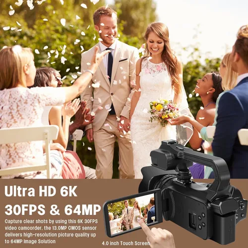 Vista 2 de Videocámara Cámara de Video HD 6K 64MP con Visión Nocturna IR, Cámara para Vlogging de YouTube, Zoom Digital de 18X, Pantalla Táctil de 4.0