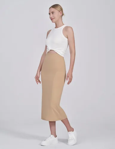 Vista 2 de POSHDIVAH Falda de maternidad para mujer, sobre el vientre, de cintura alta, color liso, elástica, falda tubo para embarazo