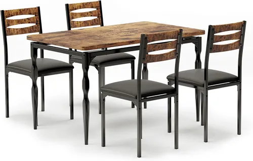 Vista 7 de IDEALHOUSE Juego de mesa de comedor de 5 piezas, juego de mesa de comedor y sillas de estilo industrial para 4, juego de mesa de cocina para Marrón