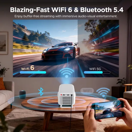 Vista 5 de Mini proyector portátil para cine en casa y al aire libre, proyector inteligente Android 11, 1080P FHD 600 ANSI, soporte 4K, WiFi 6 Bluetooth 5.4