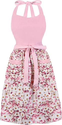 Vista 10 de Bonitos delantales florales para mujer con bolsillos, delantal de algodón ajustable con correa para el cuello para cocina, cocina, hornear