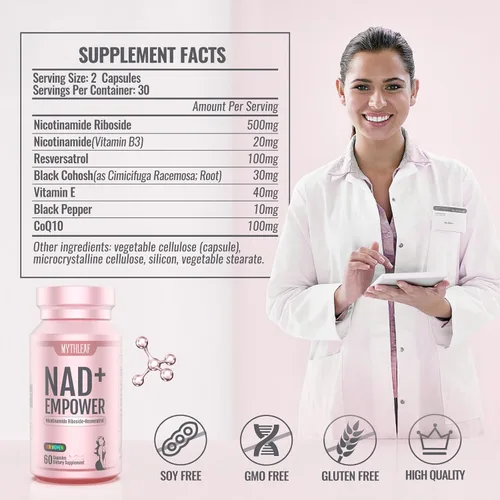 Vista 2 de Suplemento exclusivo NAD+ para mujeres, alternativa NMN con resveratrol, CoQ10, Cohosh negro, vitamina E para la salud celular, mejora la energía