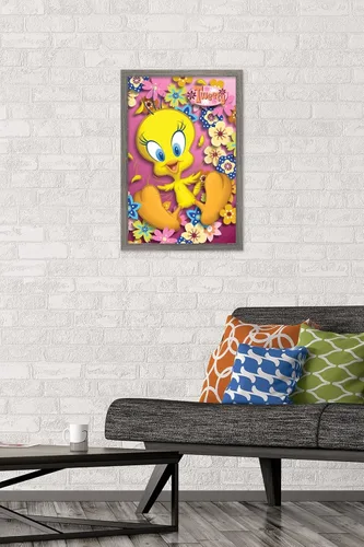 Vista 2 de Trends International Looney Tunes - Póster de pared de Tweety Bird de poder, 14.725 x 22.375 pulgadas, versión enmarcada de madera de granero