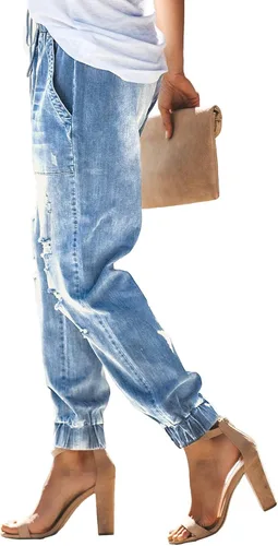 Vista 2 de Sidefeel - Pantalones de mezclilla para mujer, con aspecto desgastado, elásticos y con cintura elástica