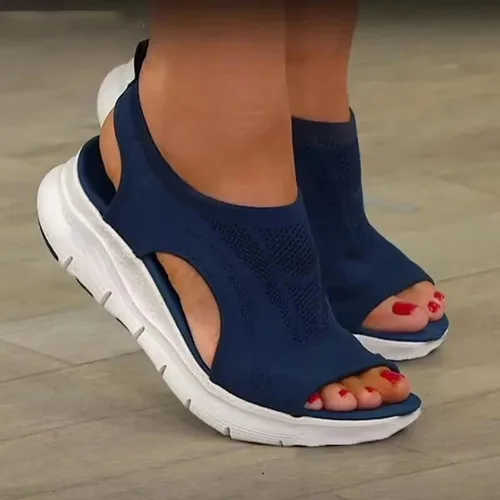 Vista 2 de DYJAGYO Sandalias ortopédicas, 2023 sandalias de cuña casuales de plataforma gruesa para mujer, sandalias de playa de verano con hebilla de punta