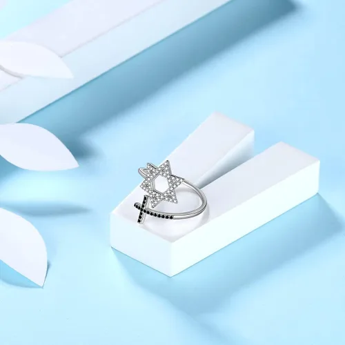 Vista 10 de Jewmon Anillo ajustable de estrella de David judía para mujer, plata de ley 925, circonita cúbica, estrella de David, anillo judío abierto, amuleto