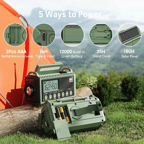 Vista 4 de Radio de Emergencia 12000, Radio Meteorológica NOAA con AM/FM/NOAA/SW, Radio Operada por Batería SOS, Radio de Emergencia de Manivela Manual con 5