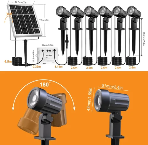 Vista 8 de MEIKEE 6 en 1 luces de paisaje RGB solares con control remoto, focos solares RGB LED que cambian de color, luces de punto RGB impermeables al aire
