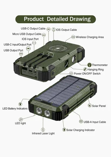 Vista 9 de Sudrov Banco de energía solar de 20,000 mAh, 15 W con cables integrados, cargador portátil, regalos para hombres, él marido, paquete de batería