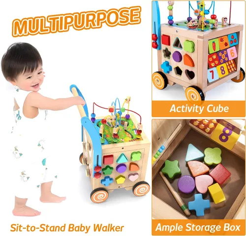 Vista 3 de 9 en 1 Cubo de Actividad de Madera Andador de Bebé de Madera, Centro de Actividad de Aprendizaje de Sentarse a Pararse, Juguetes Educativos