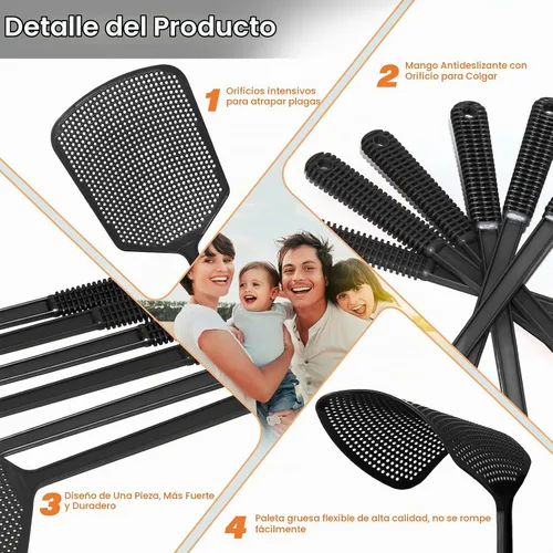 Vista 4 de Fly Swatters-Begonia - Matamoscas gruesos flexibles y resistentes con pala más grande, color negro, paquete de 6