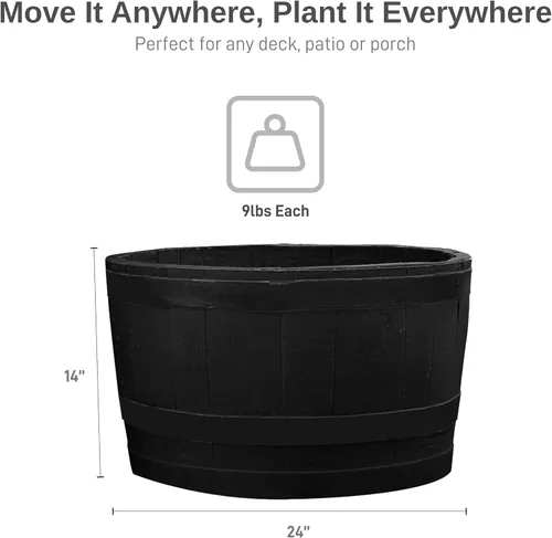 Vista 9 de RTS Companies Home Accents - Maceta de barril de whisky de 24 pulgadas, maceta de polietileno duradero para interiores y exteriores, maceta de Negro