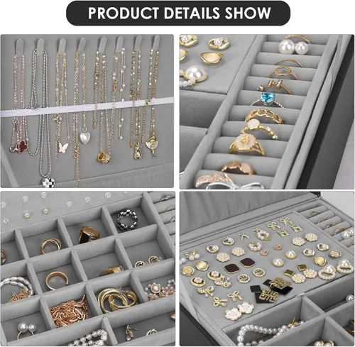 Vista 4 de Joyero joyero para mujeres y hombres con piel sintética organizador de joyas grande de 2 capas con cerradura para collares pulseras aretes anillos