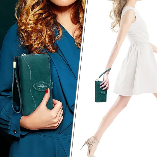 Vista 7 de CONISY Cartera RFID para mujer, de gran capacidad, cartera larga de cuero para tarjetas de crédito con correa de muñeca