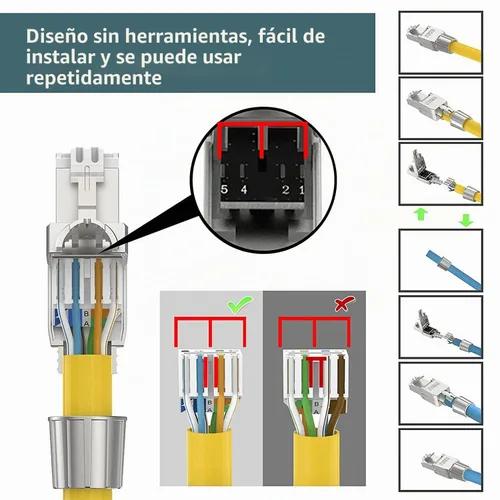 Vista 6 de VCELINK Conectores RJ45 Cat6A sin herramientas, tapones de terminación Ethernet blindados reutilizables para cable SFTP UTP de 23 AWG, enchufe