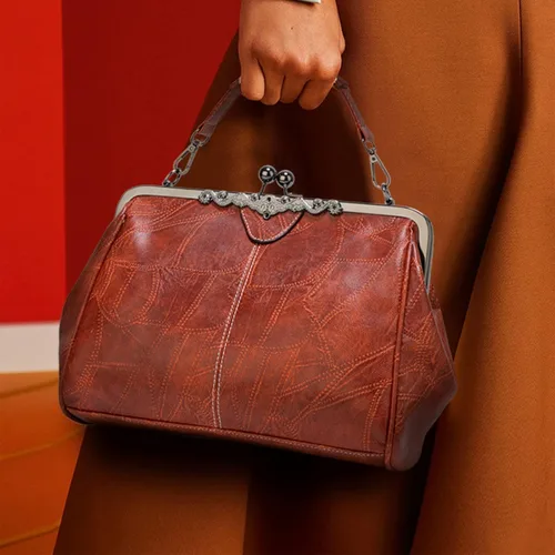 Vista 2 de Bolsos vintage para mujer Kiss Lock para mujer, cuero aceitado, bolso de mano