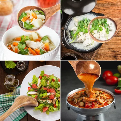 Vista 4 de EORTA Juego de 2 cucharas de madera para cocinar, 2 tamaños, cucharón profundo, salsas de madera natural, gachas de avena, cubiertos de sopa