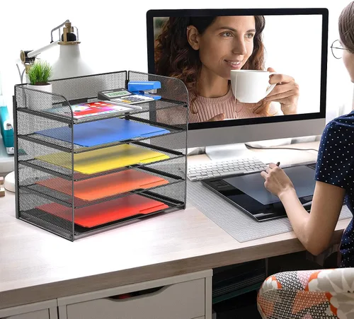 Vista 3 de Organizador de papel legal/A4 de 5 niveles, soporte para bandeja de papel para escritorio, soporte de archivos/clasificador, carpetas de archivos