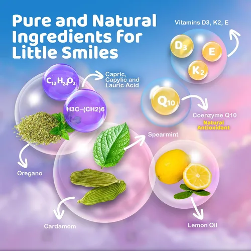 Vista 3 de GuruNanda Aceite para niños, enjuague bucal sin alcohol, aceites esenciales y vitaminas para aliento fresco y encías felices para edades de 6 años