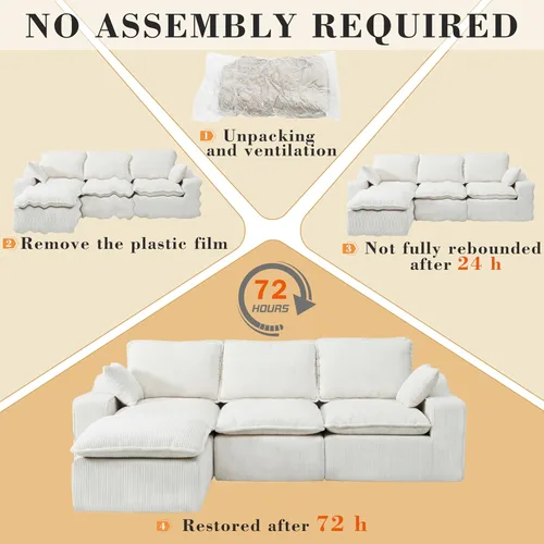 Vista 9 de Sofá seccional de pana sin hueso de 107 pulgadas para sala de estar, sofá modular con diván en forma de L, moderno sofá modular con asiento profundo