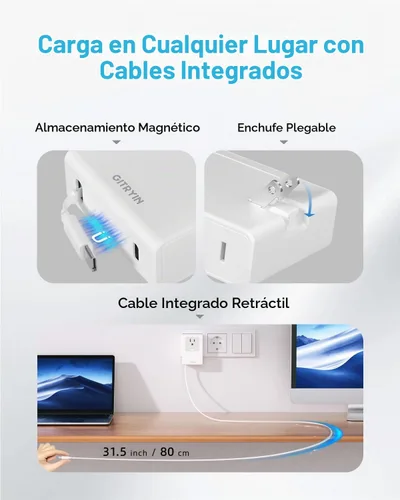Vista 6 de Gitryin Adaptador de viaje europeo de 40 W con cable retráctil de 31.5