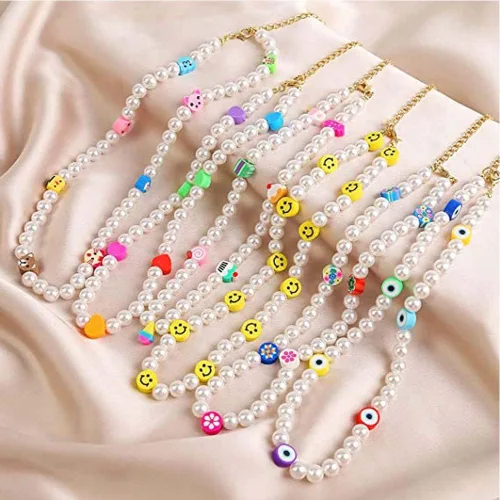 Vista 3 de Smiley Face Pearl Choker Necklace Cute Flower Pearl Y2K Necklace for Teen Girls Women Girls Jewelry Ages 8-12