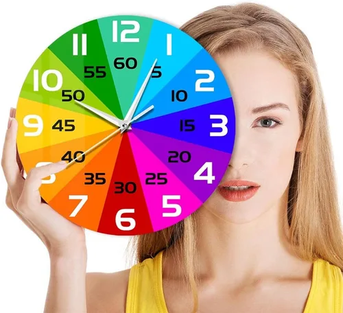 Vista 9 de Reloj de pared educativo con ruedas de color arcoíris de 15 pulgadas, para enseñar la hora y aprender a decir la hora, silencioso, sin tictac