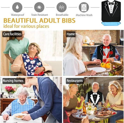 Vista 3 de Pafusen Paquete de 3 baberos para adultos para hombres y personas mayores, baberos de alimentación para adultos mayores con atrapador de migas