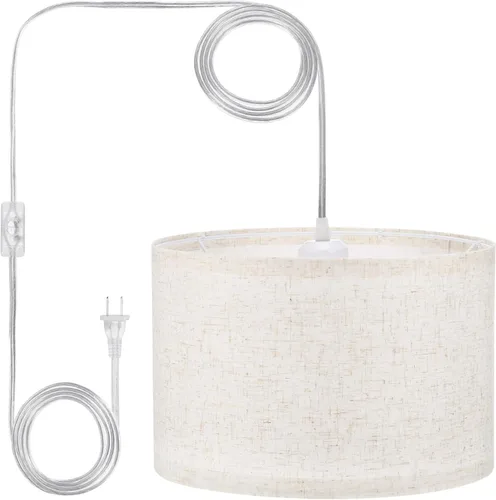 Vista 15 de PATIKIL - Lámpara colgante con enchufe, lámpara de 15 pies con cable de cuerda y interruptor de encendido/apagado, pantalla de tela de lino, enchufe