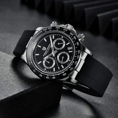 Vista 4 de Pagani Design Relojes mecánicos automáticos de lujo para hombre, esfera de esqueleto, acero inoxidable, bisel de arco iris, correa de goma, 328.1
