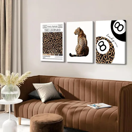 Vista 2 de Conjunto de 3 modernos pósteres de pared de leopardo en lona con bola de la suerte número 8, arte de pared elegante, decoraciones de pared