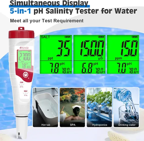 Vista 4 de Probador digital de sal de piscina,Medidor de salinidad de pH para piscina de agua salada,Medidor de sal 5 en 1 Probador de agua de piscina