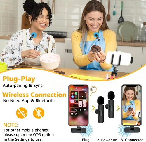 Vista 4 de Micrófono de solapa inalámbrico Lavalier para iPhone iPad Micrófono de clip profesional - Grabación de condensador omnidireccional inalámbrico con 2