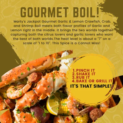 Vista 3 de Marty's Jackpot Gourmet Mezcla de ajo y limón condimento y hervir – Sabor de ajo y pimienta picante de primera calidad – Perfecto para cangrejos