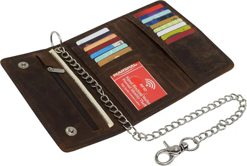 Vista 5 de CAZORO Cartera de cadena de motocicleta de Estados Unidos para hombre, 100% piel auténtica natural, bloqueo RFID triple largo, organizador de dinero