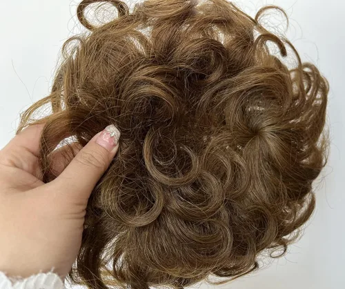 Vista 2 de Peluca de cabello humano real corto y rizado con flequillo frontal para mujer, color marrón claro, pelucas transpirables, extensiones de pelo de 5.1