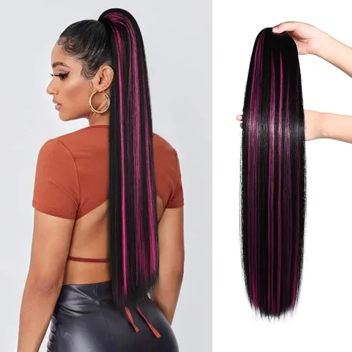 Vista 14 de SEIKEA Extensiones de cola de caballo con cordón, larga y recta, cola de caballo falsa, natural, suave, extensiones de cabello sintético resistente