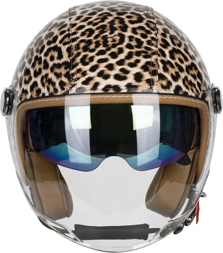 Vista 2 de Casco de motocicleta de cuero PU brillante vintage 3/4, con certificación DOT, con visor doble, casco de cara abierta, casco de media cara