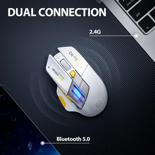 Vista 2 de INPHIC A9 Explorer - Ratón Bluetooth, modo dual Bluetooth 5.0/2.4G, 2400 DPI, indicador de batería visible, mouse RGB para portátil, color blanco