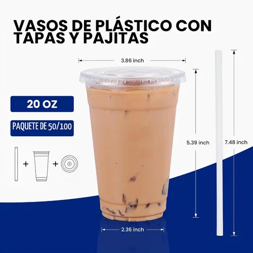 Vista 9 de Paquete de 50 vasos de plástico de 20 onzas con tapas y popotes.