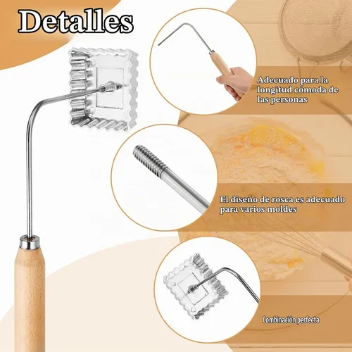 Vista 3 de Tessco - 12 moldes de hierro de roseta, molde Achappam Bunuelos de 6 formas con asa, máquina de rosetas de hierro de aluminio y asas de madera