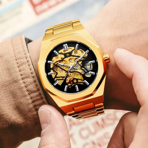 Vista 8 de Tiong Relojes automáticos de moda Reloj de pulsera mecánico dorado para hombre Relojes esqueleto con esfera transparente de acero inoxidable