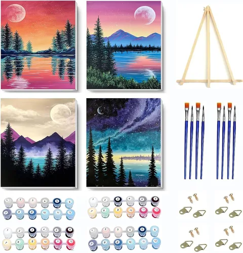Vista 17 de VIGEGU Paquete de 4 pinturas por números para adultos, lienzo enmarcado, con caballete de madera, pintura por números para niños de 8 a 12 años