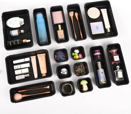 Vista 13 de Kutesna 15 piezas de separadores para cajones de escritorio entrelazados, organizador para oficina, baño, cocina, maquillaje (negro)