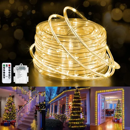 Vista 10 de Jnaurb Paquete de 2 luces de cuerda a pilas para exteriores, total de 66 pies, 200 LED, 8 modos, funciona con pilas, luces de hadas de Navidad